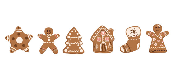 节日姜饼饼干套装。矢量姜饼人，圣诞冷杉树，房子，星星，袜子图片下载