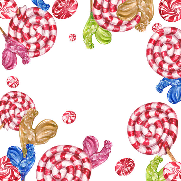 用圣诞糖果做成的相框。棒棒糖水彩画，红色，绿色，条纹。节日糖果。适用于装饰、包装、明信片、度假。图片下载