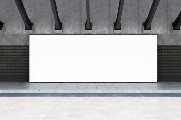 空白白色广告牌的正面视图，在抽象空隧道大厅的深色砖墙上为您的标志或文本留出空间。3D渲染，模型图片下载