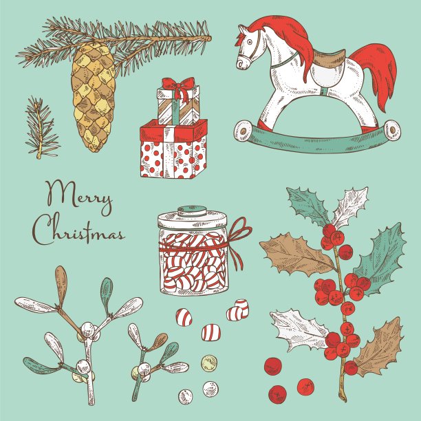 收集圣诞和新年植物和象征。图片下载