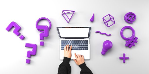 问号和几何图形与人使用笔记本电脑图片下载