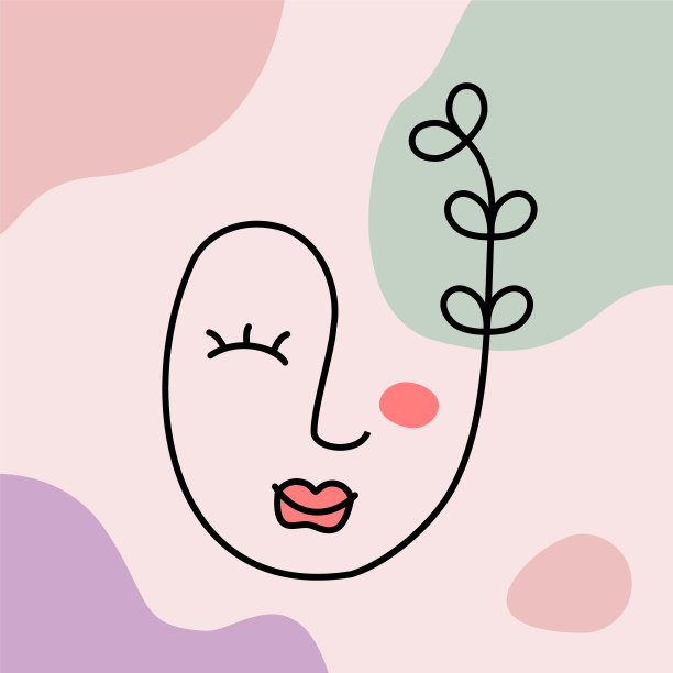 可爱的线条艺术面与叶枝。女子头部直线自由手绘。图片下载