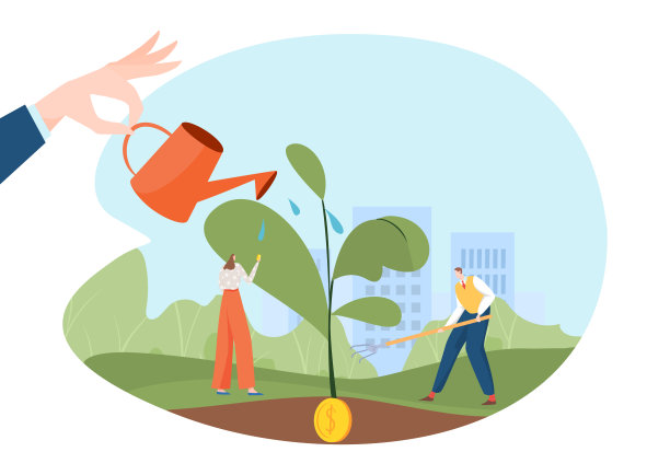 商业关怀概念，矢量插图，扁平的小人人物园艺植物，巨大的手浇水花与金币在根。图片下载