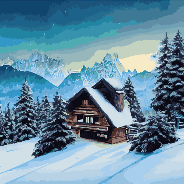 冬季山地景观与木屋图片下载