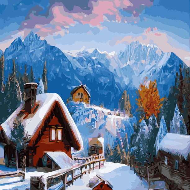 冬季山地景观与木屋图片下载