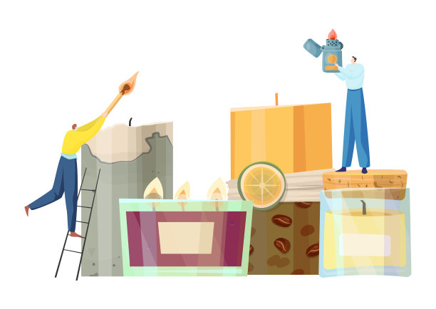 香薰水疗蜡烛，矢量插图。扁平小人字附近巨大的燃烧灯芯，香蜡内部元素。图片下载