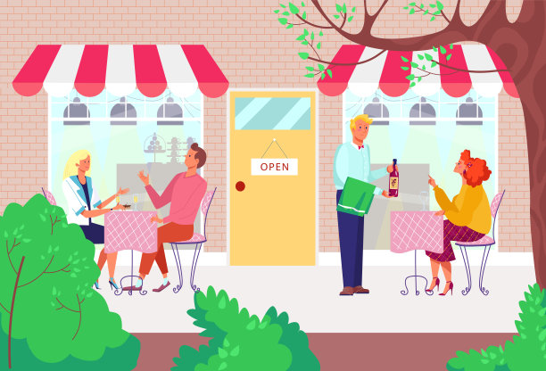 咖啡馆外有桌子，矢量插画，现代餐厅里的人物，喝着酒，吃着食物，服务员在外面和女客户聊天。图片下载