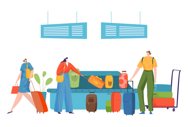 机场行李传送带，矢量图。平男平女性格旅行后拿行李，行李箱在终点站检查皮带。图片下载