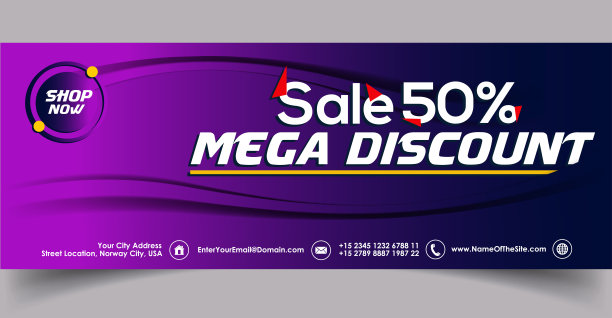 五折折扣。销售横幅模板在紫色。矢量插图的封面背景。Facebook的封面。打50%。图片下载