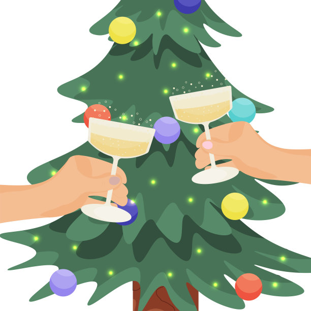 庆祝新年。手拿玻璃杯的圣诞树旁。向量。图片下载