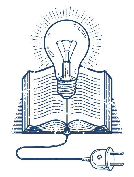 打开书用创意灯泡和电缆插头矢量线形图标，教育和科学文献图书馆阅读线形艺术符号或标志，电子书电子书。图片下载