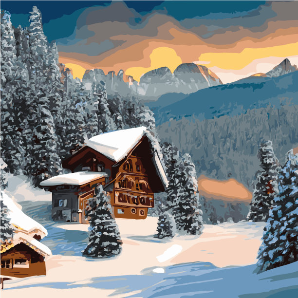 冬季山地景观与木屋图片下载