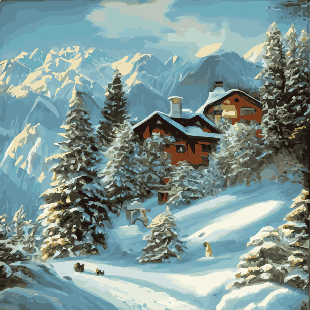 冬季山地景观与木屋图片下载