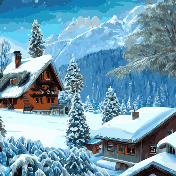 冬季山地景观与木屋图片下载