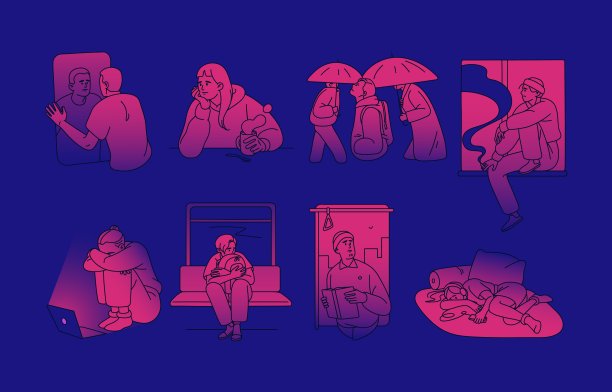 抑郁与冷漠，心理学概念。抑郁、疲惫、悲伤的人有精神障碍、心理问题。不幸的痛苦人物在人生危机中。平面矢量插图集图片下载