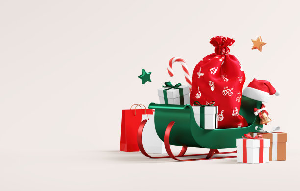 圣诞销售横幅模板与圣诞老人雪橇和礼物在一个中性的背景和复制空间在3D插图图片下载