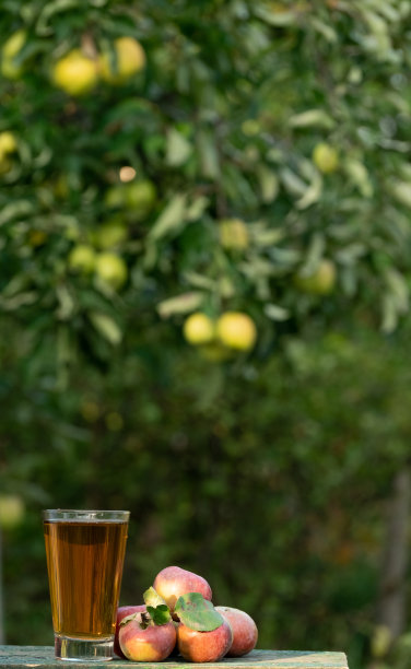 苹果汁放在花园里的木桌上，周围都是苹果。农夫拿着一个罐子，把苹果园里的新鲜果汁倒进杯子里。把苹果汁倒进玻璃杯里图片下载