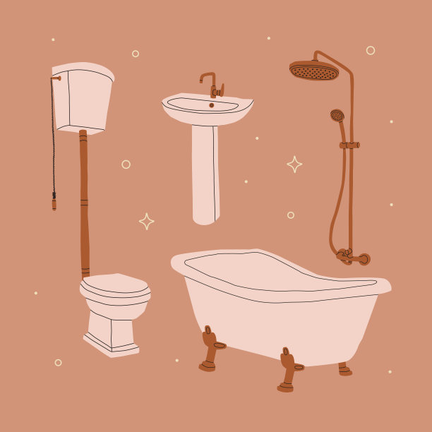 浴室家具。水槽，浴缸，马桶，淋浴龙头。矢量孤立的插图在米色背景。图片下载