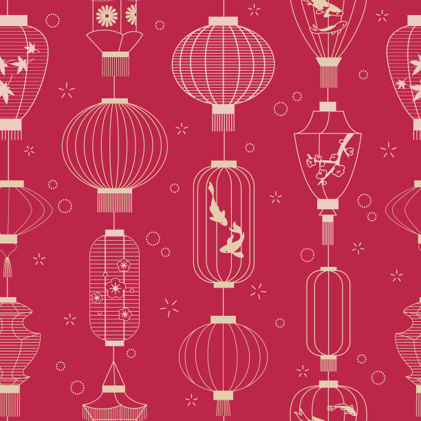 无缝的图案与可爱的中国纸灯笼在线条风格。图片下载