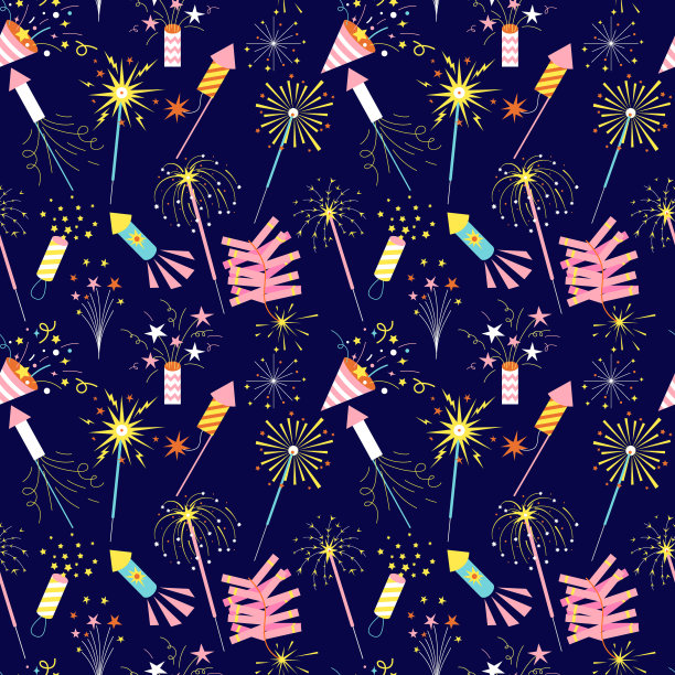 无缝的图案与明亮的抽象烟花，鞭炮和烟花。图片下载