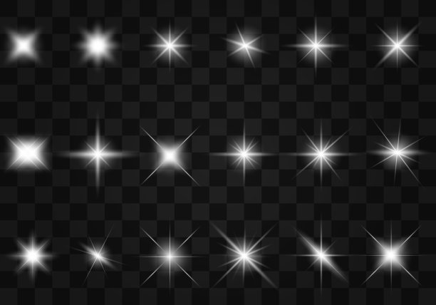 白色发光的光闪烁透明。设置灯光。用亮片射线装饰凉爽效果的矢量插图。明亮的恒星。图片下载