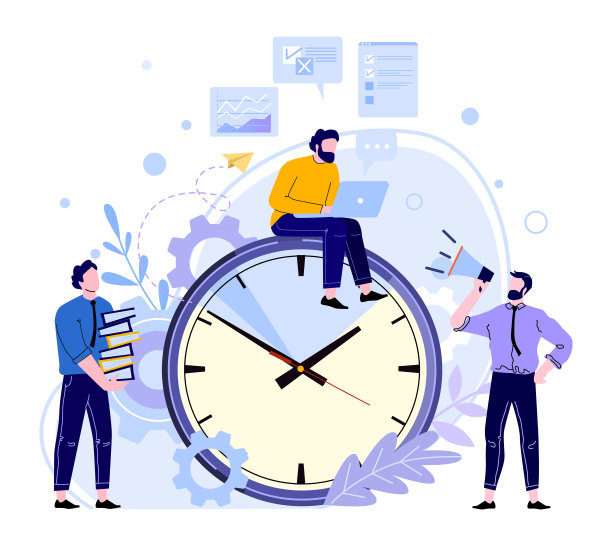 组织办公室工作。员工坐在大钟前，在笔记本电脑前工作以赶上最后期限。经理手持扬声器图片下载