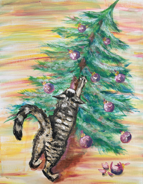 一只猫和一棵圣诞树图片下载