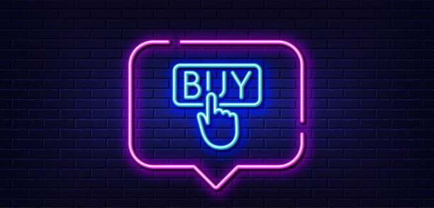 点击购买线路图标。网上购物标志。霓虹灯语音泡泡。向量图片下载