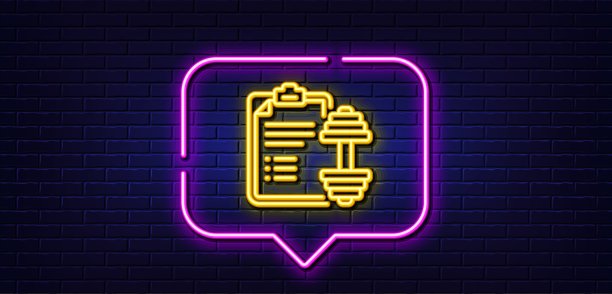 哑铃线图标。锻炼计划。霓虹灯语音泡泡。向量图片下载