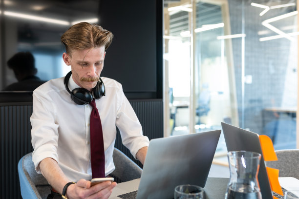 玻璃办公室里的正式商务人士通过电脑和电话进行交流。图片下载