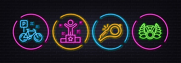 哨子，赢家和自行车最小的线图标。对于web应用，打印。霓虹灯激光3d灯。向量图片下载