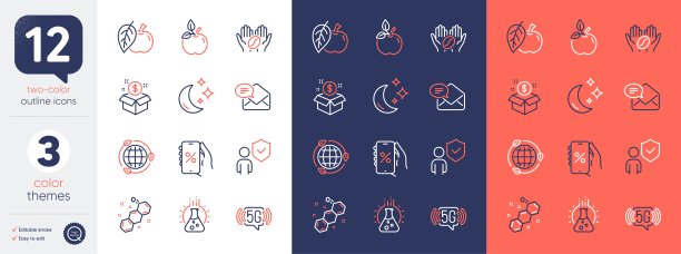 一套化学公式，生态能源和折扣应用程序线图标。为设计。向量图片下载