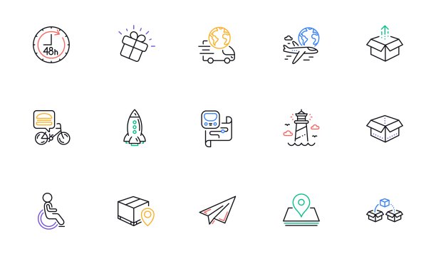 48小时，包裹运输和纸飞机线图标网站，打印。为设计。向量图片下载