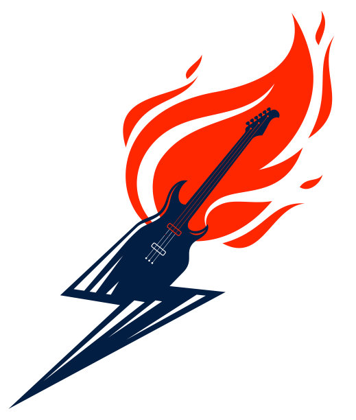 电吉他在火焰形状的闪电，热摇滚音乐吉他在火焰和螺栓，硬摇滚或摇滚音乐会或节日标签，夜总会现场表演，矢量标志或徽章。图片下载