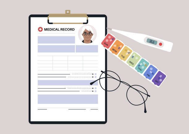 一套夹在剪贴板、药盒、玻璃框和塑料温度计上的老年病人病历图片下载