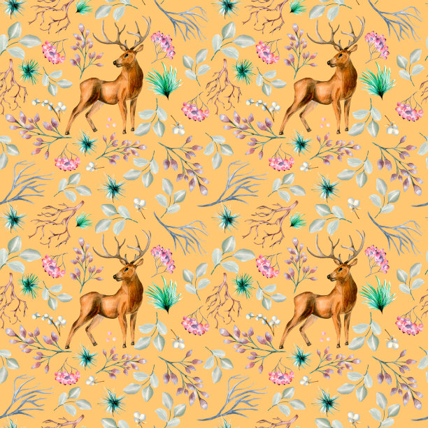 冬季植物和鹿水彩无缝花纹隔离在米色上。图片下载