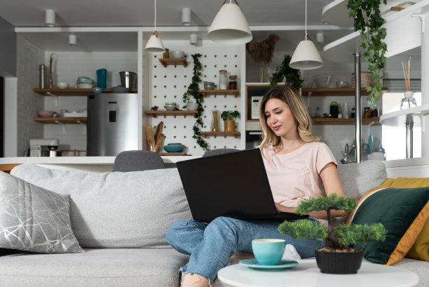 年轻的商业女性家庭室内设计师在她的笔记本电脑上为新客户买了公寓。女风水专家看着她用电脑设计的家具。图片下载