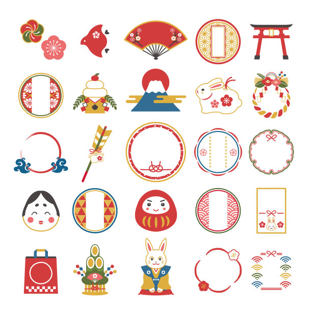 新年插画和日式画框设计图片下载