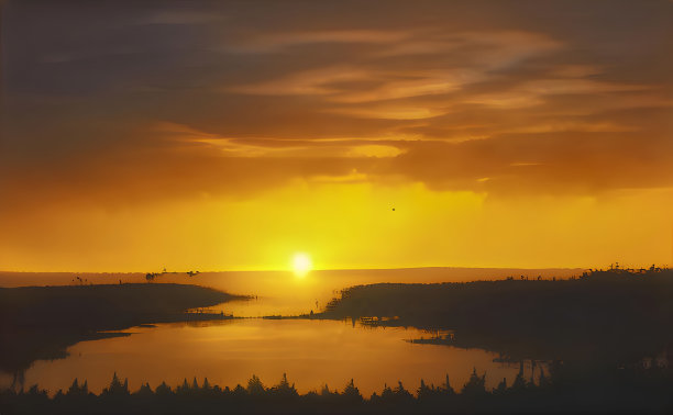 插图明亮的太阳在黄色多云的日落天空照耀在湖泊与郁郁葱葱的植被图片下载