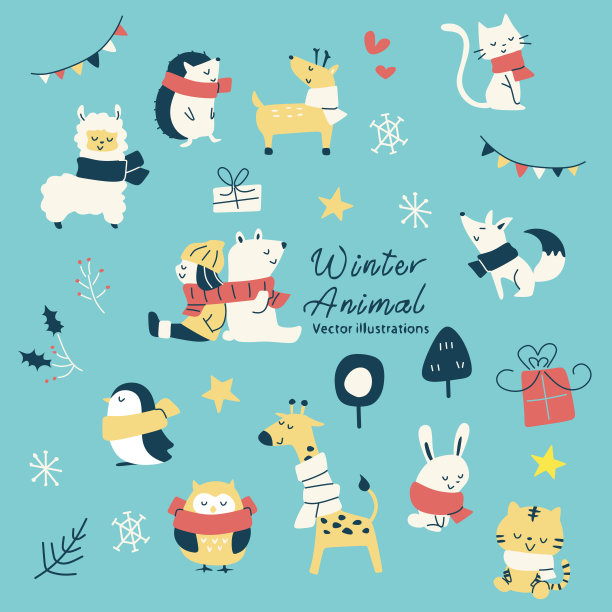 可爱的复古冬季动物插图。图片下载