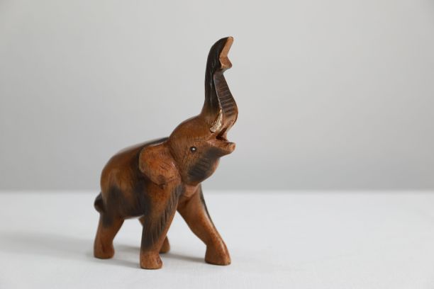 一个孤立在白色背景上的木制大象雕像的特写图片下载