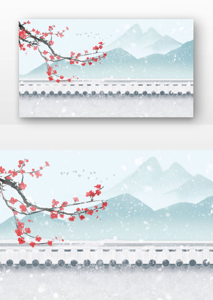 冬季冬天山水水墨雪景插画图片下载