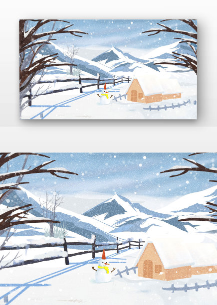 冬天雪景风景水彩插画图片下载