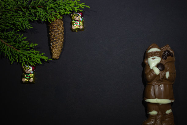 巧克力圣诞老人的照片由黑巧克力和白巧克力，冷杉果在黑色背景和绿色冷杉树枝和圣诞装饰熊图片下载