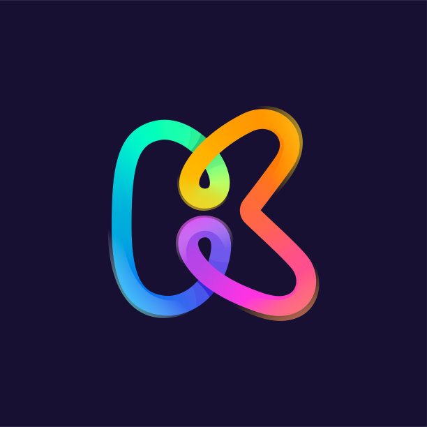 字母K标志。彩虹渐变一条线图标。重叠的多色徽章与光泽。图片下载