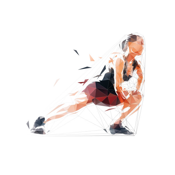 女人伸展她的肌肉。抽象低多边形孤立向量图。健身锻炼。积极的生活方式，几何绘画图片下载