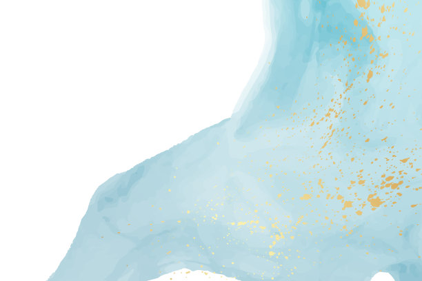 水彩背景与抽象的蓝色墨水波和金色飞溅。图片下载