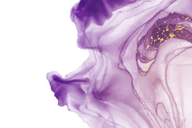 水彩背景与抽象的紫色墨水波和金色飞溅。图片下载