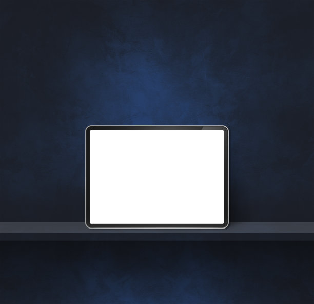 数字平板电脑上的黑色墙壁货架。广场背景横幅图片下载