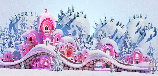 可爱的童话圣诞村覆盖的雪，3D渲染插图。房子里装饰着圣诞彩灯，新年想法。图片下载